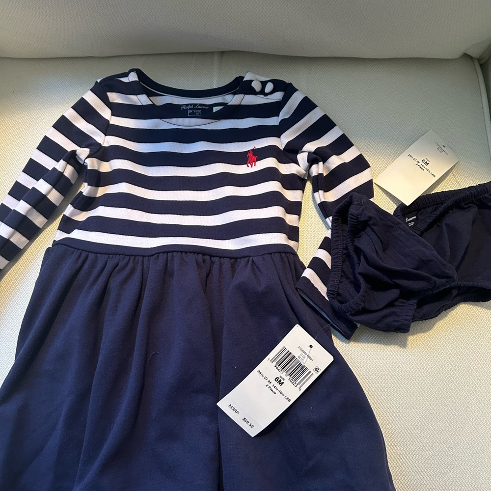 NWT Ralph Lauren Navy and White Striped Dress Set • 6 month